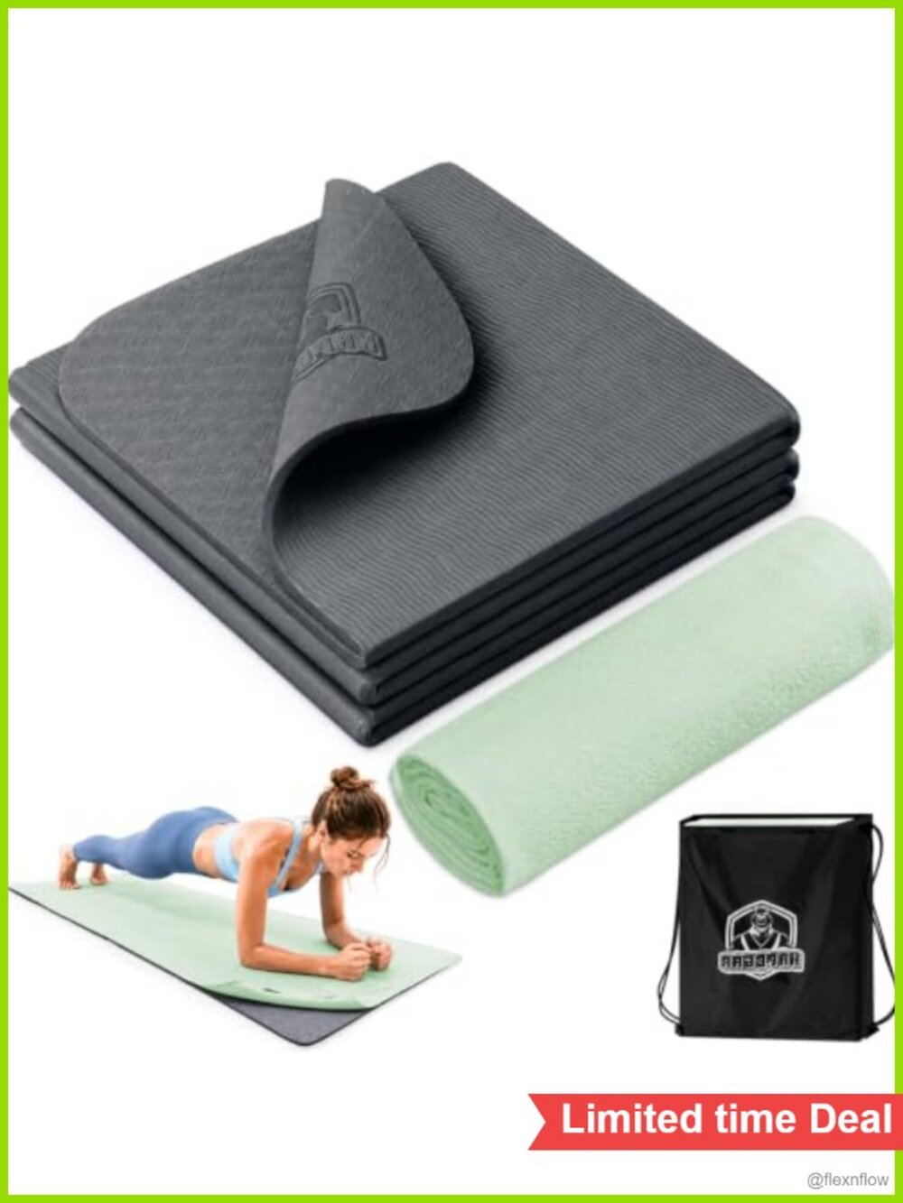 Foldable TPE Yoga Mat with Towel Set 72x24x6mm Non-Slip Exercise Mat
